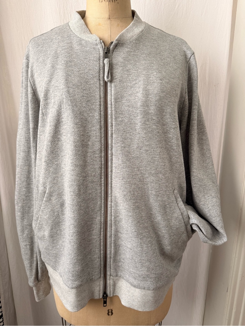 Eileen Fisher Light Gray Organic Cotton Crewneck Knit Bomber-style Jacket, sz L - Picture 2 of 9